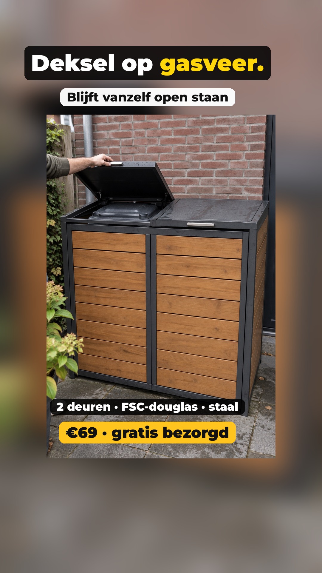 Deksel op gasveer. · Blijft vanzelf open staan