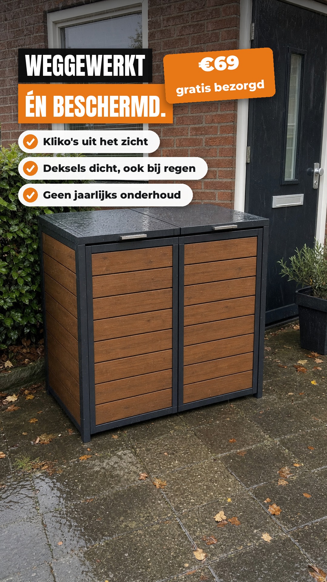 Weggewerkt én beschermd. ✓ uit het zicht ✓ deksels dicht, ook bij regen ✓ geen jaarlijks onderhoud · €69 gratis bezorgd