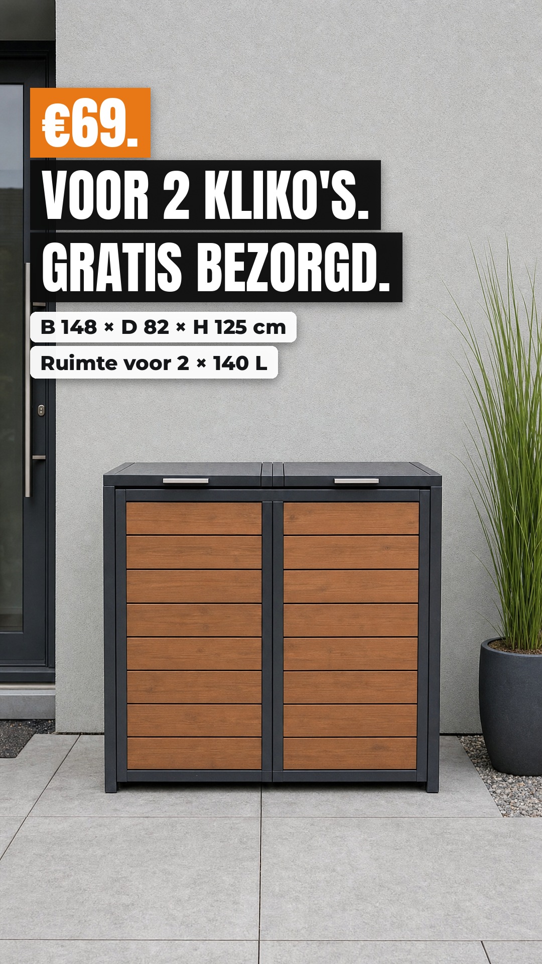 €69. Voor 2 kliko's. Gratis bezorgd. · B148 × D82 × H125 cm · Ruimte voor 2 × 140 L