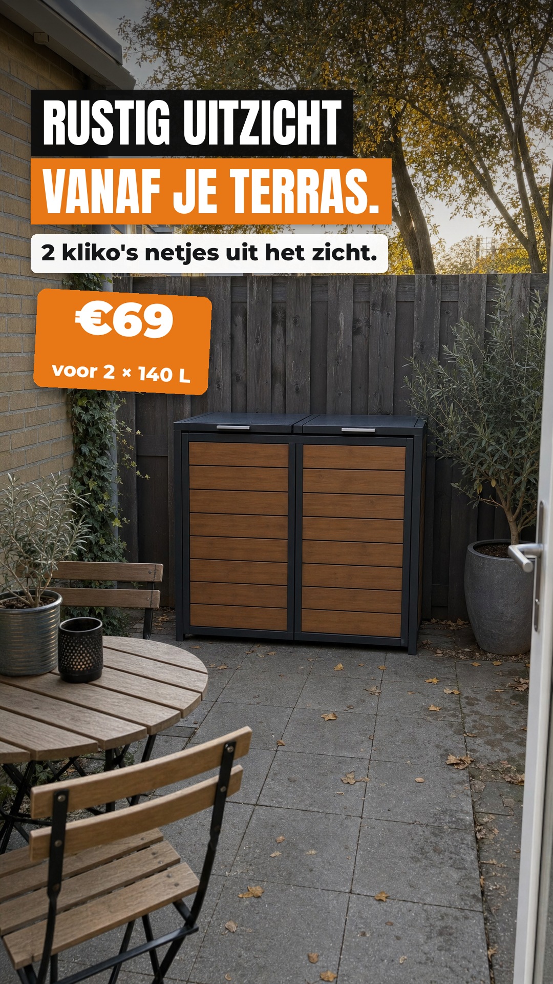Rustig uitzicht vanaf je terras. · 2 kliko's netjes uit het zicht. · €69